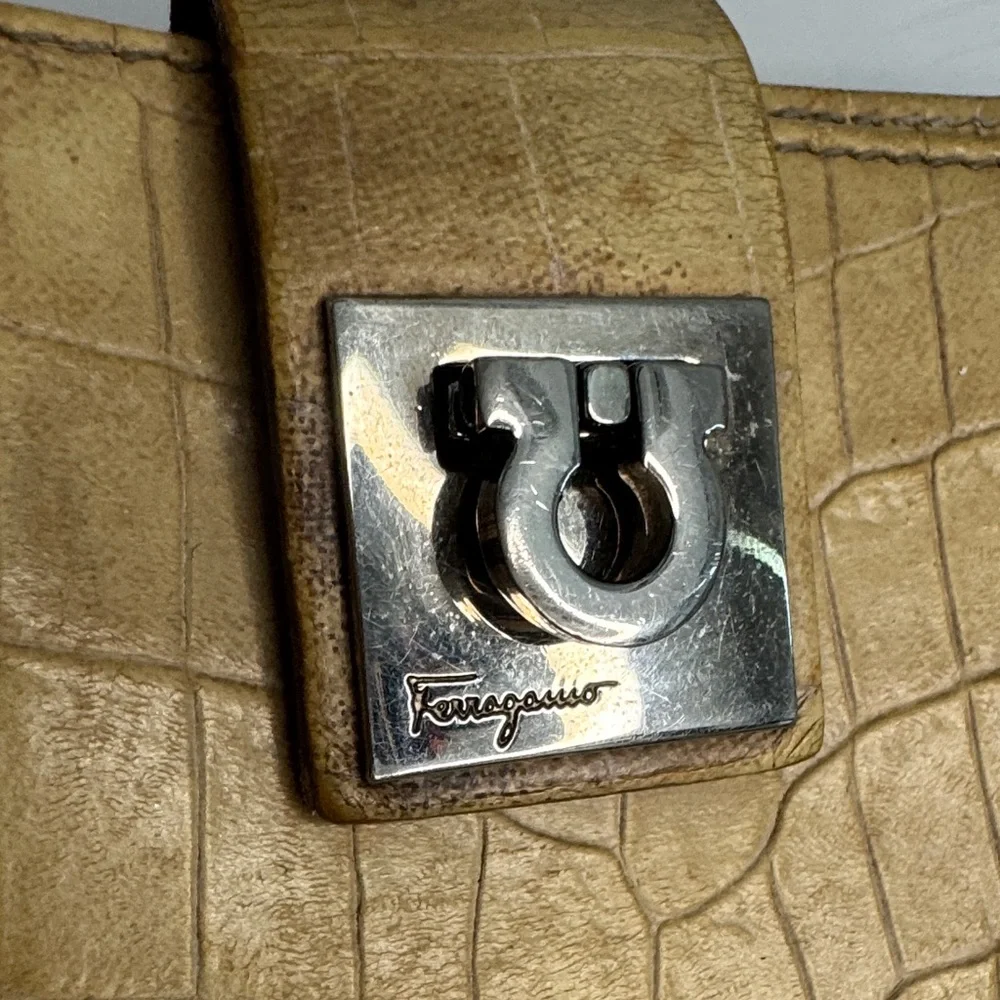 Salvatore Ferragamo Beige Crocodile Embossed Wallet